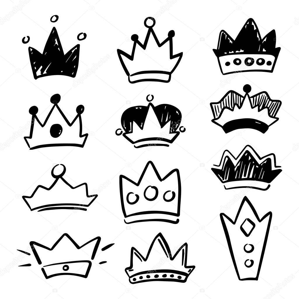 Black crown icon set on white background. Cute crown handdrawn vector illustration. Social media overlay or chat sticker