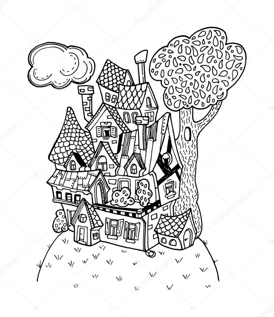 Fantastic house outlined vector illustration. Black and white cozy home for coloring. Handdrawn country house with scale roof