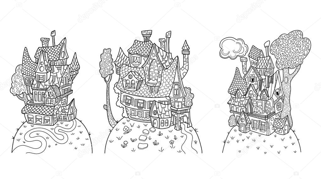 Cute house set of vector illustration for coloring. Rustic countryside architecture. Cozy home with chimney