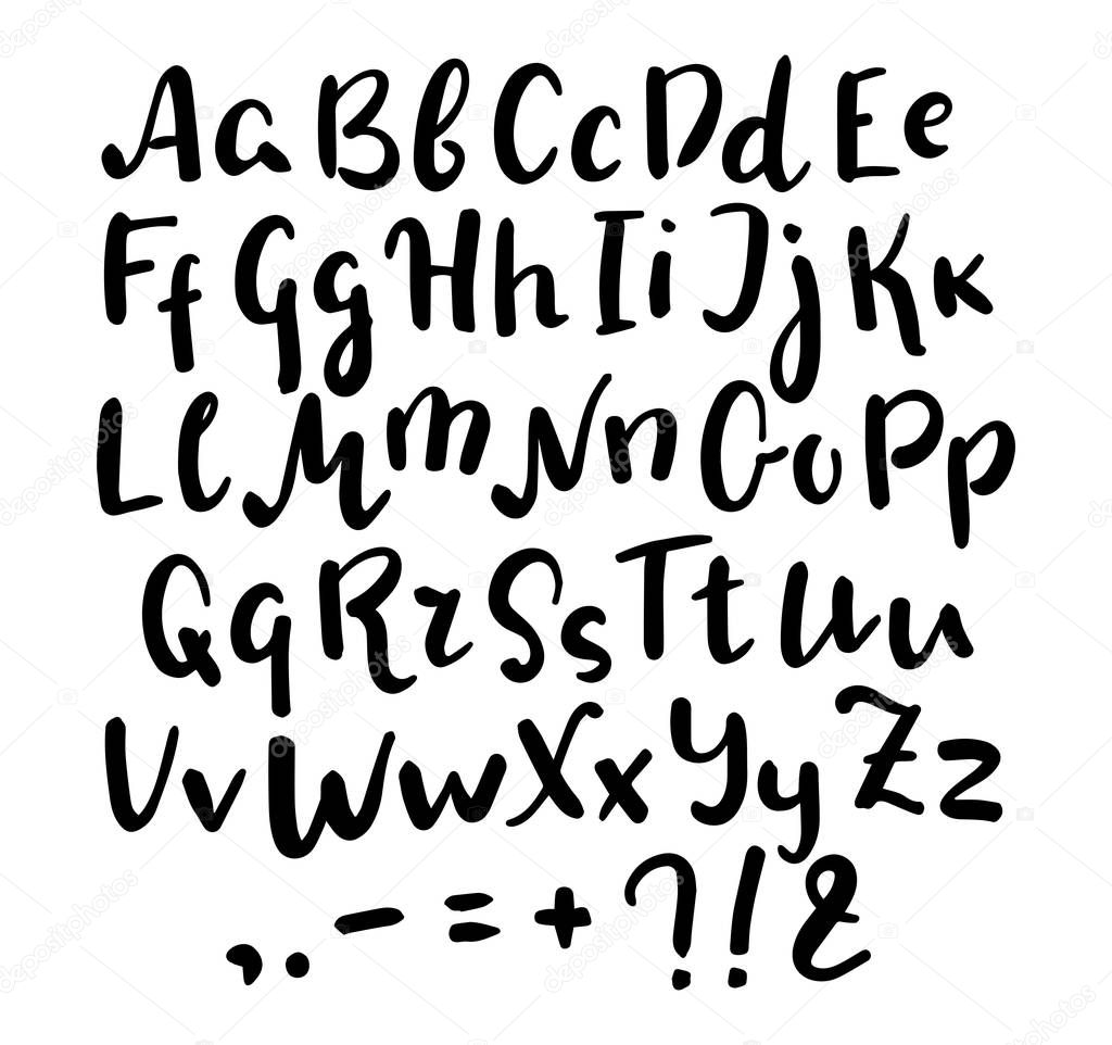 English alphabet handwritten vector script on white background. Brush pen type. Informal handwriting Handwritten font