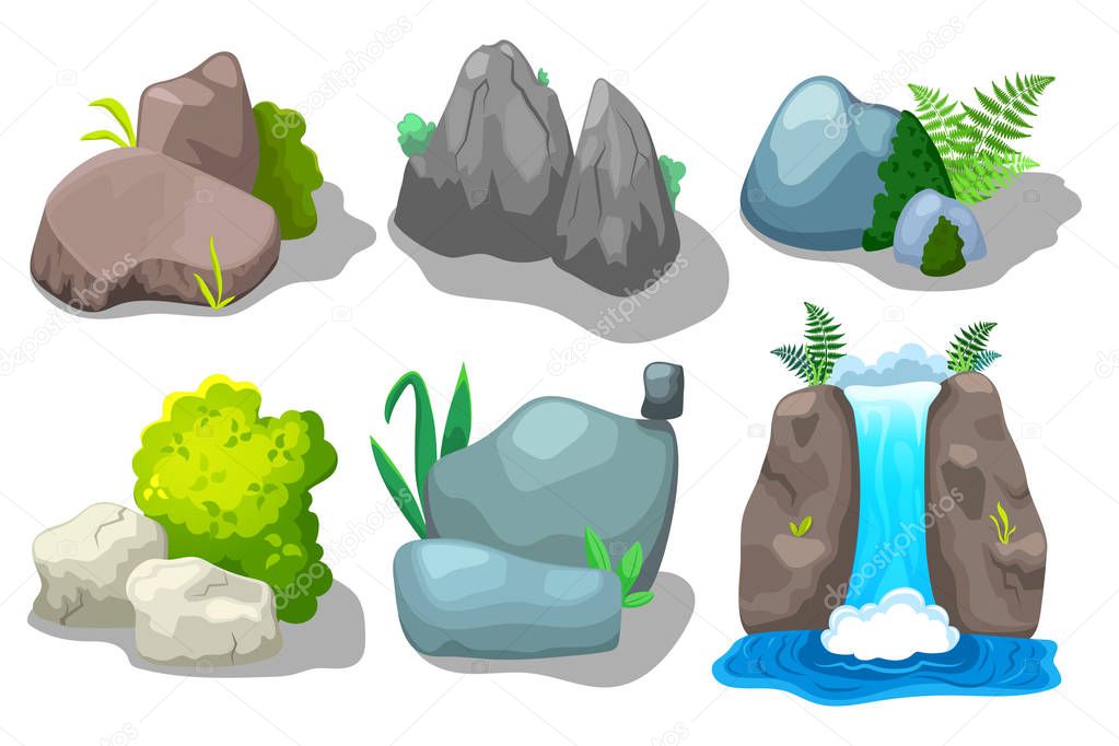 Cartoon stone and shrub vector clipart on white background. Landscape elements for spring or summer scene illustration