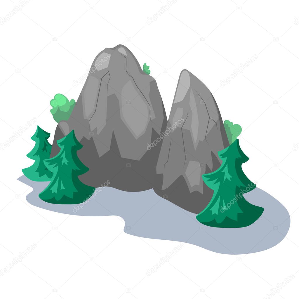 Grey rock and fir trees, vector illustration on white background. Tall mountains with firtree. Summer garden or park landscape creator. Cartoon rock with moss and foliage. Wild forest detail isolated
