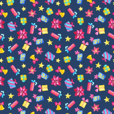 Noel hediyesi ve mavi arka planda kusursuz desen. Suluboya resimli Xmas ambalaj kağıdı