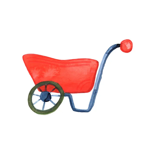 Red garden cart watercolor illustration on white background. Modern wheelbarrow handdrawn icon. — 스톡 사진