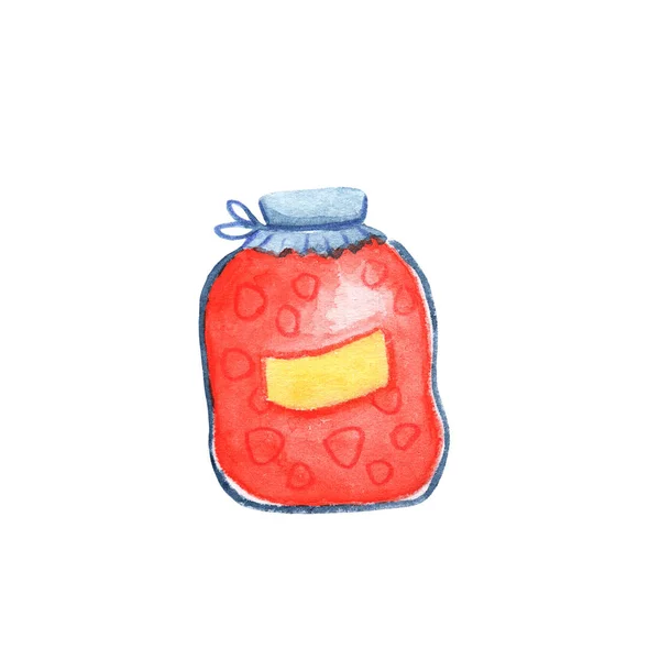 Red jam in glass jar watercolor illustration on white background. Strawberry jam preserve. Autumn seasonal kitchen. — ストック写真
