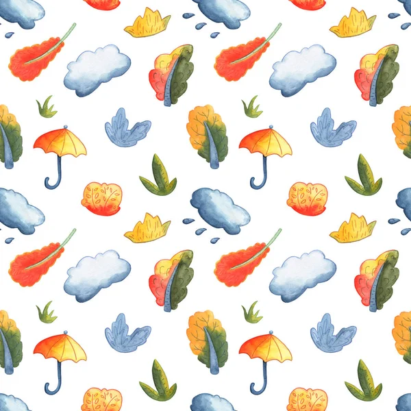 Autumn weather seamless pattern on white background. Orange green tree, cloud with rain and umbrella watercolor illustration — ストック写真