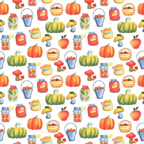 Autumn season kitchen seamless pattern on white background. Pumpkin and preserves watercolor illustration