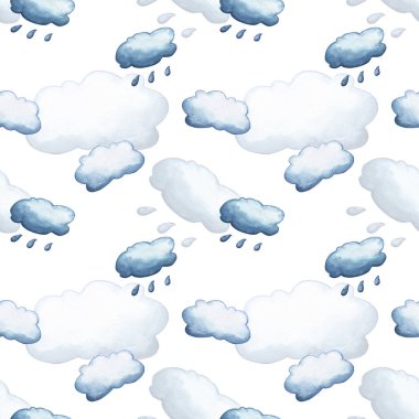 Beyaz arka planda bulutlar ve yağmur kusursuz desen. Sonbahar temalı suluboya çizimi. Sonbahar desenli fayanslar.