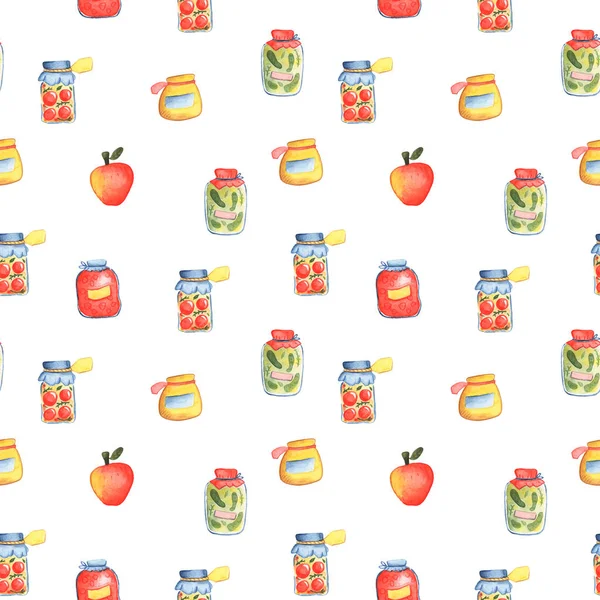 Homemade preserves seamless pattern on white background. Autumn season cooking watercolour illustration — ストック写真