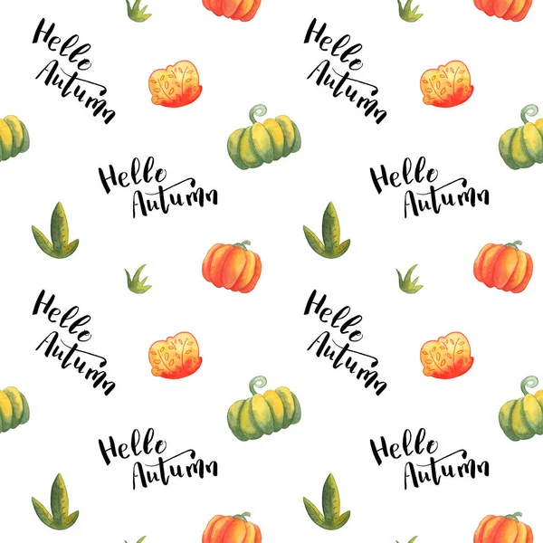 Hello Autumn seamless pattern on white background. Handdrawn lettering and watercolour clipart. Fall seasonal watercolor illustration