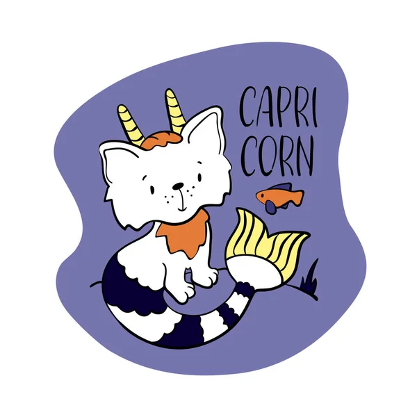 Capricorne astrologique signe du zodiaque avec un personnage de chat mignon. Icône du zodiaque. Sticker chaton capricorne. Douche bébé ou carte de vœux d'anniversaire — Image vectorielle