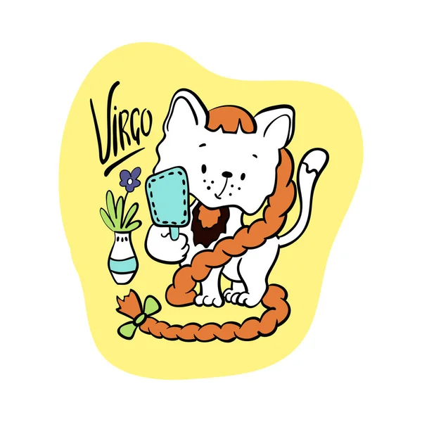 Virgo signo astrológico Zodíaco com personagem gato bonito. Ícone zodíaco gato. Kitten Virgo adesivo. Chuveiro de bebê ou cartão de saudação de aniversário — Vetor de Stock