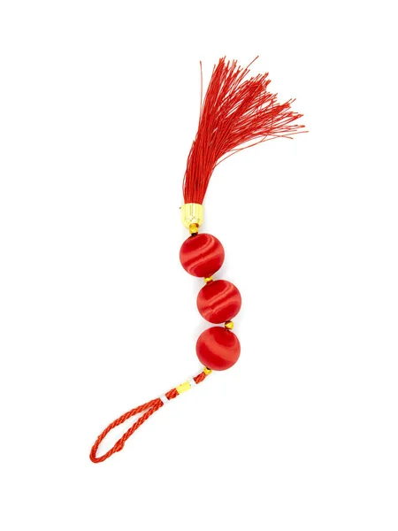 Chinese knot loop and tassel, top view photo. Asian holiday symbol. Red silk knot isolated. Chinese New Year decoration — Stock Photo, Image