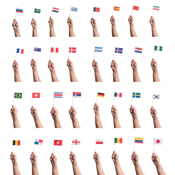 Pequenas Bandeiras Nacionais Papel Mãos Isoladas Fundo Branco Bandeiras Seleções — Fotografia de Stock