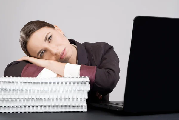 Young Tired Business Woman Taking Pause Work Sitting Desk Papers — Stock Photo, Image