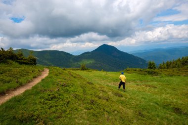 Maceracı dağ yolu, yanındaki yeşil çayır üzerinde ormanlık tepeler Panoraması hayran hangi ufuk düşük ağır bulutlar altında uzanan duruyor. Arkadan görünüm, geniş açı.