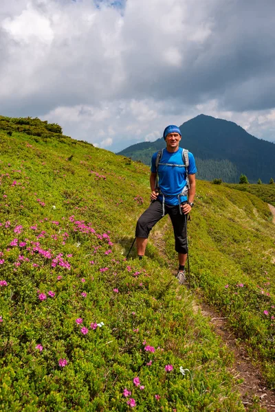 Gülümseyen maceraperest pembe çiçekli orman gülleri arasında yeşil dağ yamacında duruyor. Dağlarda epik seyahat. 