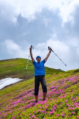 Kollarını açarak mutlu maceraperest pembe çiçekli orman gülleri arasında yeşil dağ yamacında ayakta ve hayattan zevk. Epik seyahat dağlarda. Geniş açı.