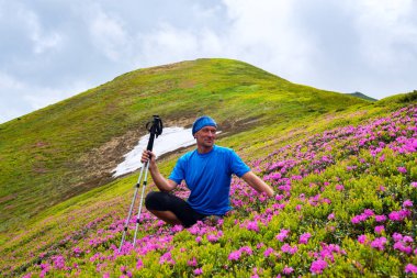 Mutlu maceraperest pembe orman gülleri çiçeklenme ve hayattan zevk arasında yeşil dağ yamacında rahatlatıcıdır. Epik seyahat dağlarda. Geniş açı.