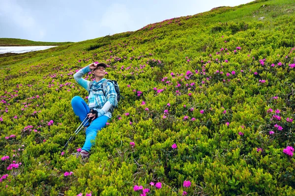 Femme Aventurière Souriante Détendre Sur Pente Verdoyante Montagne Parmi Les — Photo