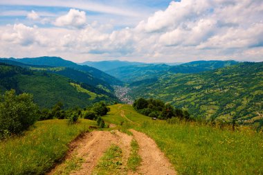 Yeşil dağ çayırları, güneşli bir günde ufka uzanan dağ Vadisi önde gelen arasında kırsal yol.
