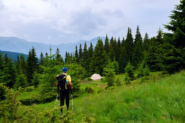 Avonturier Met Rugzak Wandelingen Langs Groene Berg Weide Naar Tent — Stockfoto