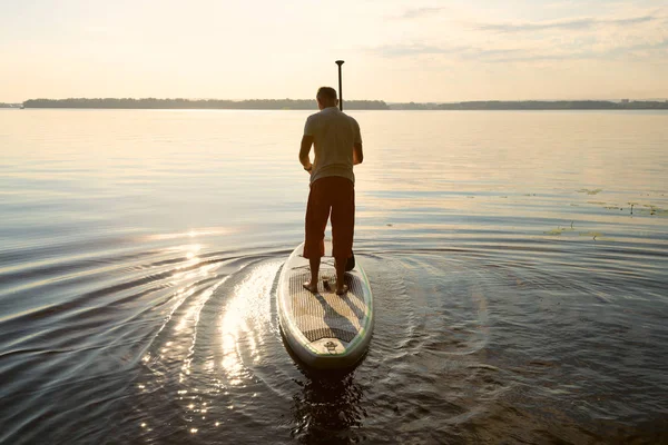 Man sails on a SUP board in a large river during sunny morning and relaxing. Stand up paddle boarding - awesome active recreation in nature. Back view, backlight.