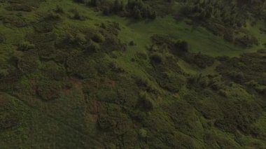Uçuş sonra fırtına - dağlarda şaşırtıcı günbatımı üzerinde bulutlar batan güneşin ışınları tarafından aydınlatılmış ufuk için yeşil dağ sırtlar üzerinde yüzen. Havadan görünümü. 