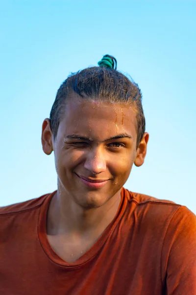 Portrait Joyful Multiracial Guy Teenager Who Smiling Winking Looking Camera — Stock Photo, Image