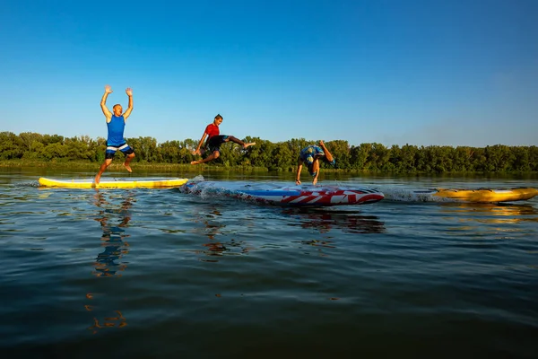 Joyful friends, a SUP surfers relax on the big river during sunset, having fun and jumping into the water. Stand up paddle boarding - awesome active outdoor recreation.