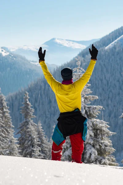 Aventurier Bras Ouverts Est Debout Dans Les Montagnes Hiver Admirant — Photo