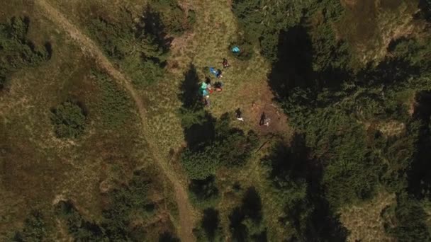 Survolez le camp d'aventure qui se trouve sur une clairière, parmi les immenses pins, à côté du sommet couvert de forêt, par une journée ensoleillée. Vue aérienne des montagnes des Carpates .