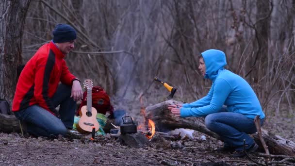 犬とカップルが森 コーヒーを作ると話を 週末のピクニックの草原に焚き火の横に残り — ストック動画