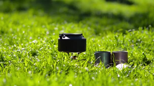 老水壶加热的小煤气燃烧器旁边的杯子绿色的草地上的阳光明媚的早晨 咖啡在周末野餐 — 图库视频影像