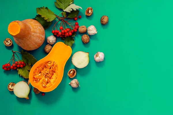 Şükran günü arka plan - kabak, soğan, sarımsak, ceviz, üvez yeşil zemin üzerine. Üstten görünüm, kopya alanı.