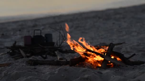 焚き火が日没時に波の横のビーチで燃えます 海岸への素晴らしい旅行 — ストック動画