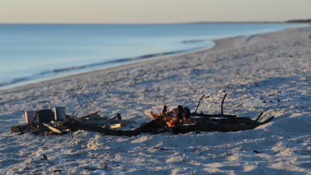 阳光明媚的傍晚 篝火在海边的海浪下燃烧 海滩上惊人的日落 — 图库视频影像