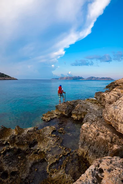 Tired Backpacker Look Magnifical Sea View Wonderful Journey Lycian Way — Stock Photo, Image