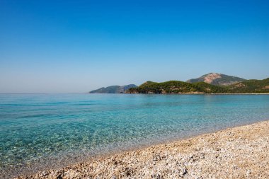 Kayalık sahilleri tarafından çevrili Akdeniz'in turkuaz suları güneşli bir günde - Ölüdeniz, Türkiye'de bir turist dönüm noktası yemyeşil çam ağaçları ile kaplı.