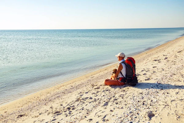 彼の腕で面白い犬と一緒に旅行は 晴れた日にターコイズ ブルーの海の横にある無人ビーチで緩和し 瞑想します 海岸への素晴らしい冒険旅行 — ストック写真
