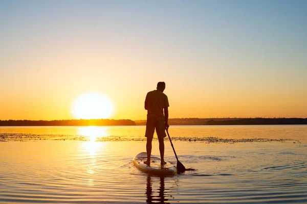 Man is paddling on a SUP board on a large river during sunrise. Stand up paddle boarding - awesome active recreation in nature. Back view, back light.