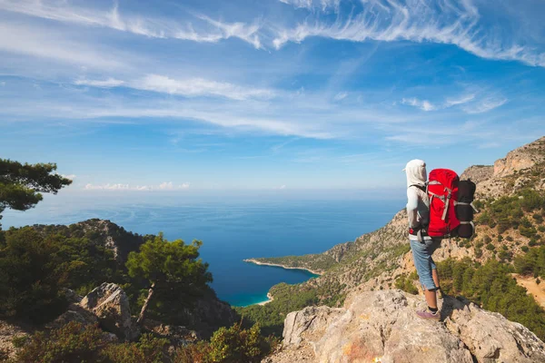 Happy traveler, woman with backpack stands on the rock and admires turquoise waters of the Mediterranean sea  - adventure travel along Lycian way, Turkey. Back view, wide angle.