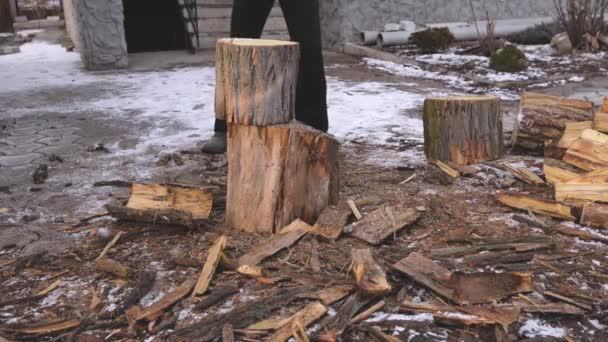 Muž Turistické Kotlety Dřeva Dvoře Venkovského Domu Během Zimního Dne — Stock video