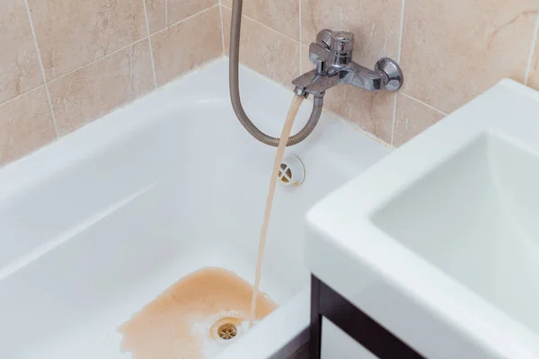 Problems Sewerage Private Building View Dirty Water Flowing Faucet Bathroom — Stock Photo, Image