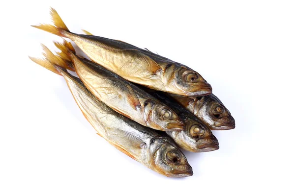 Rökt Fisk Vit Bakgrund Isolerad Närbild — Stockfoto