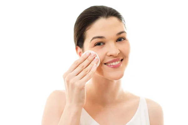 Young woman cares for face skin relaxation, leisure, neck, innocence, bright, serene, sexuality, Woman using cotton pad — Stock Photo, Image