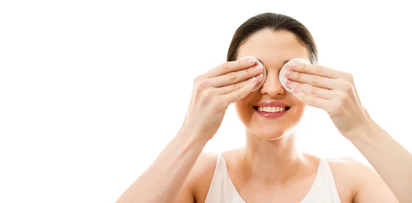 Young woman cares for face skin relaxation, leisure, neck, innocence, bright, serene, sexuality, Woman using cotton pad — Stock Photo, Image