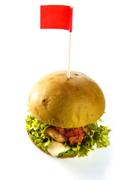 Burger Białym Tle Zbliżenie — Zdjęcie stockowe