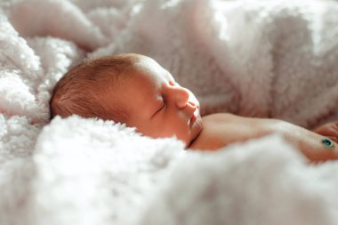 Yeni doğmuş bebek arka planda beyaz arka planda uyuyor.