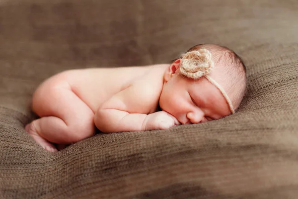 Bébé fille nouveau-né avec fleur sur la tête sur fond brun — Photo